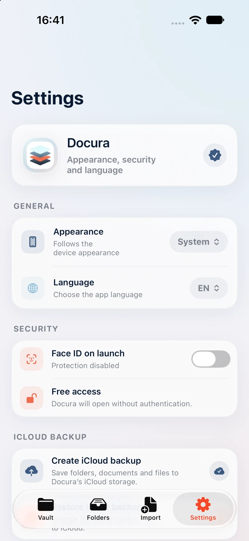 Docura — Docura settings. Original screenshot supplied by the developer.