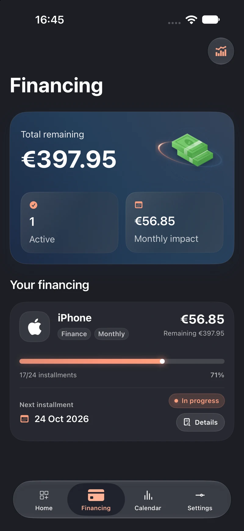 Paynix — Financing and instalments. Original screenshot supplied by the developer.