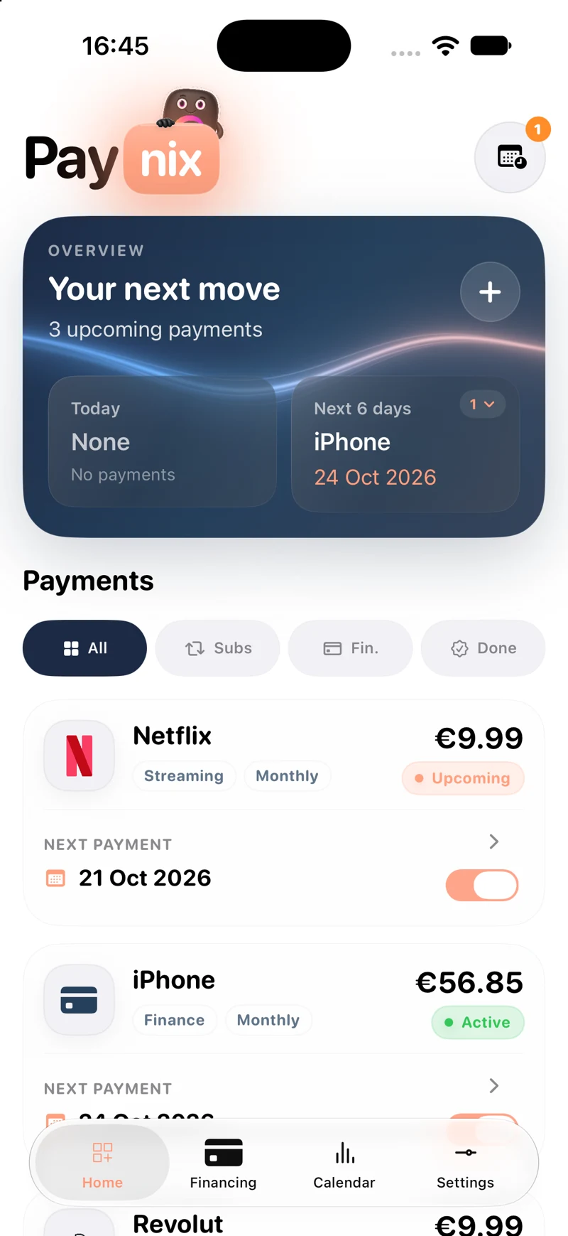 Paynix — Overview in light mode. Original screenshot supplied by the developer.