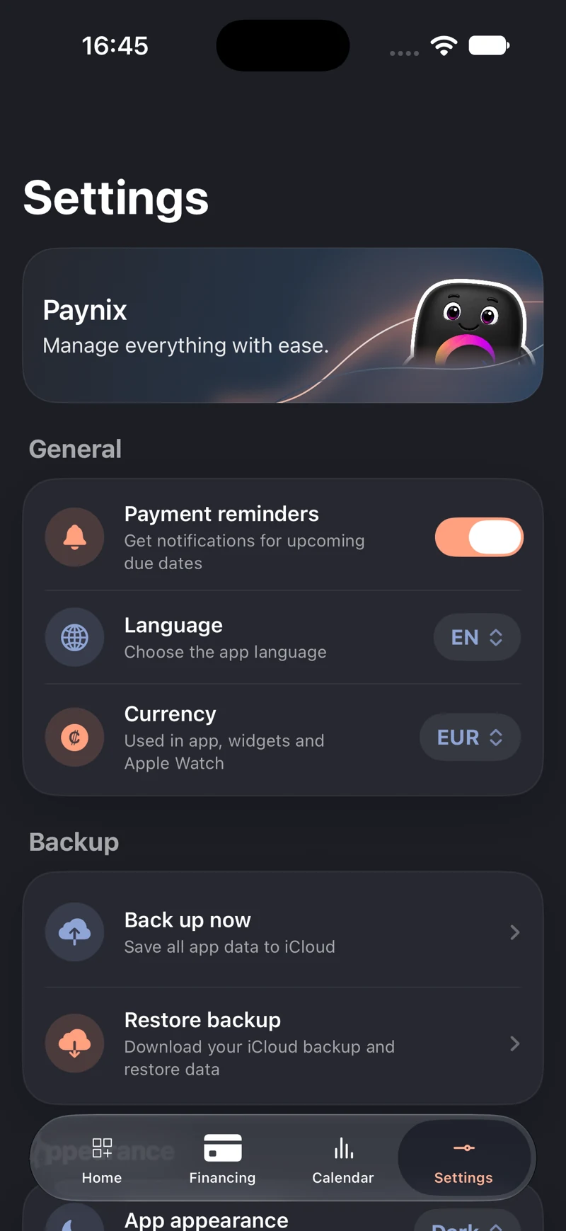 Paynix — Paynix settings. Original screenshot supplied by the developer.