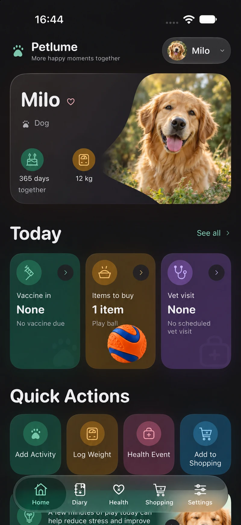Petlume — Profile and day in dark mode. Milo demo profile; data and profile photos replaced.
