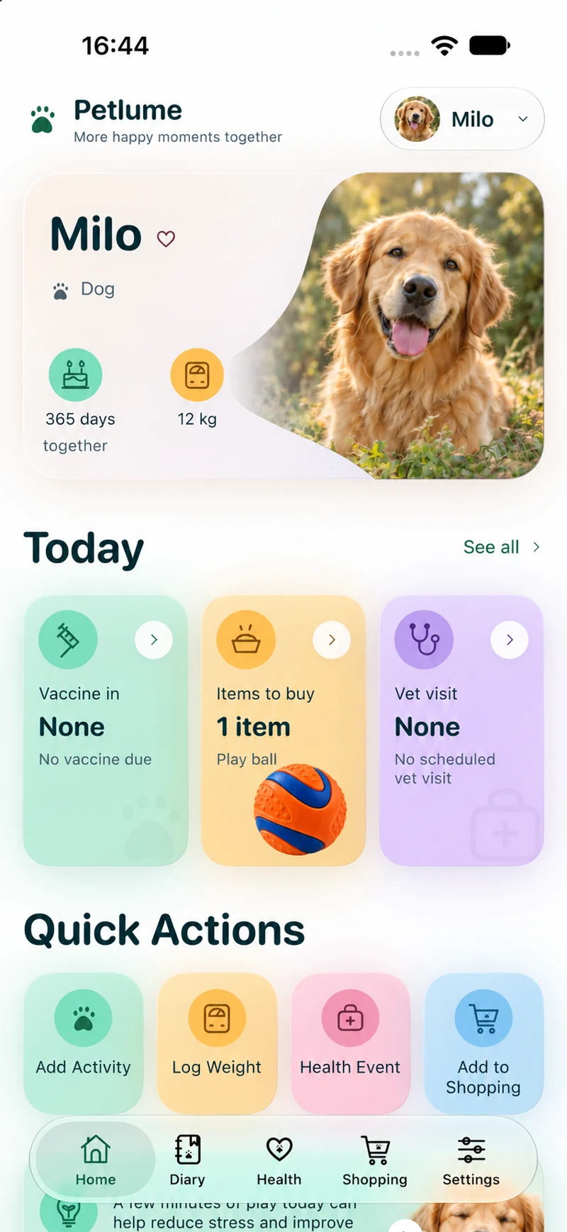 Petlume — Profile in light mode. Milo demo profile; data and profile photos replaced.