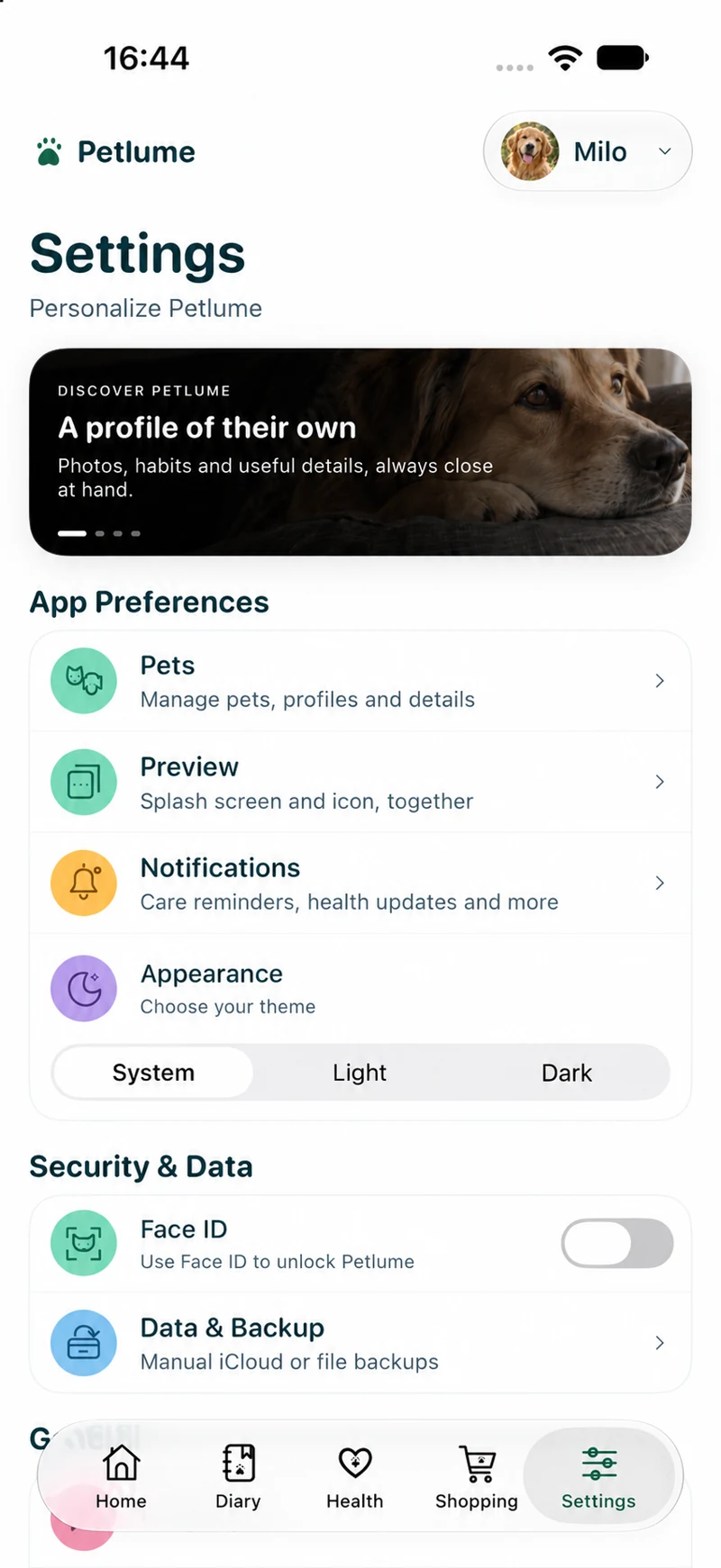 Petlume — Petlume preferences. Milo demo profile; data and profile photos replaced.