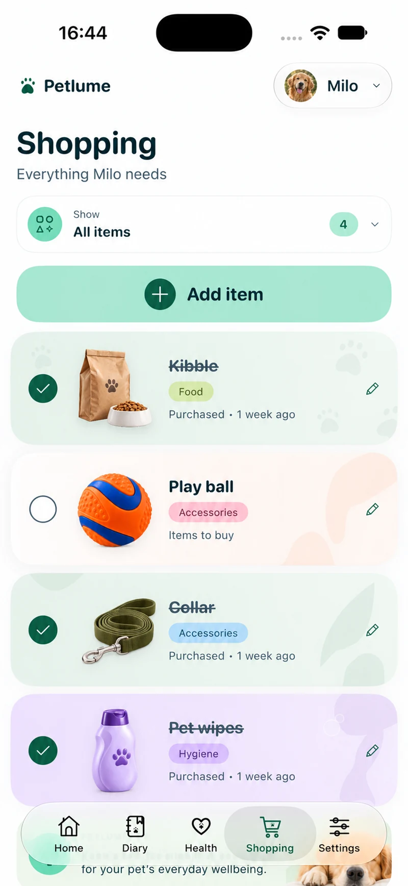Petlume — Shopping list. Milo demo profile; data and profile photos replaced.